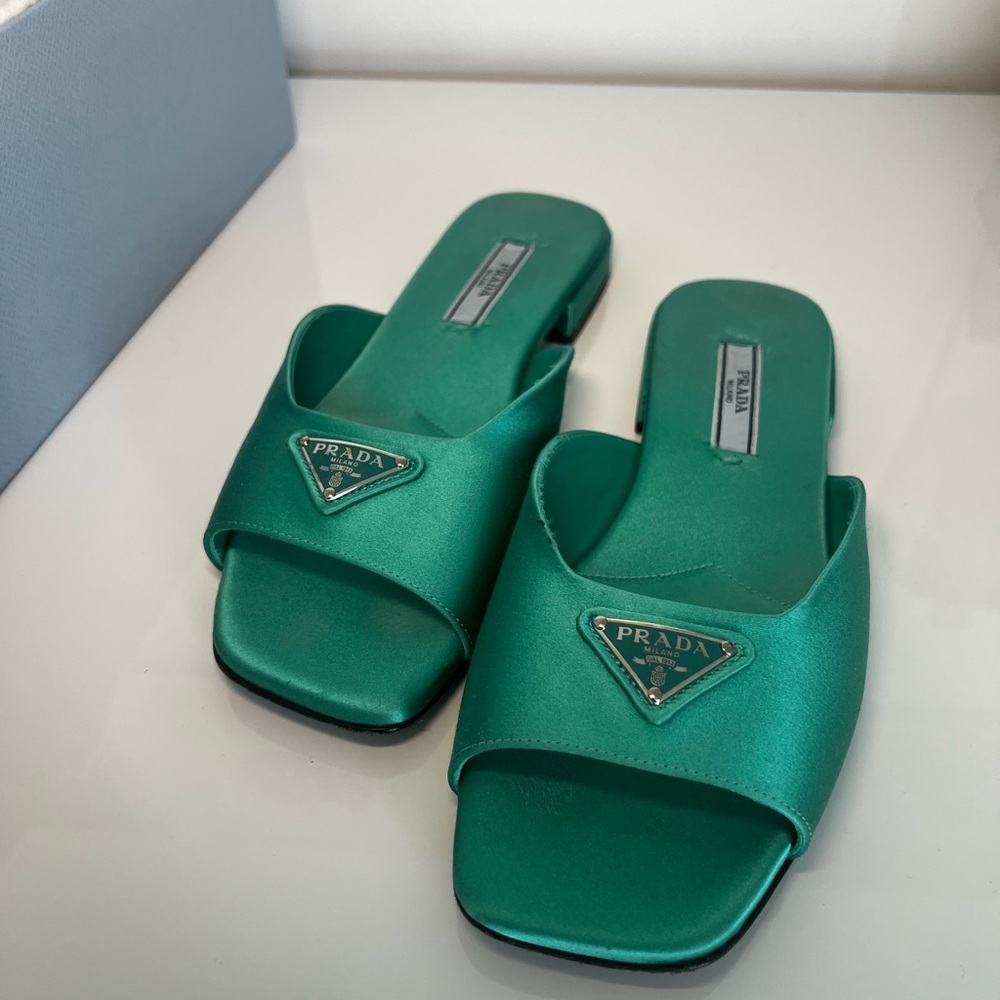 Prada Emerald Satin Slide Sandals
